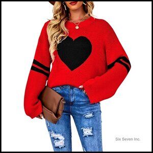 Cute Heart Print Pullover Sweater Loose Fit Striped Sleeve Valentine Top